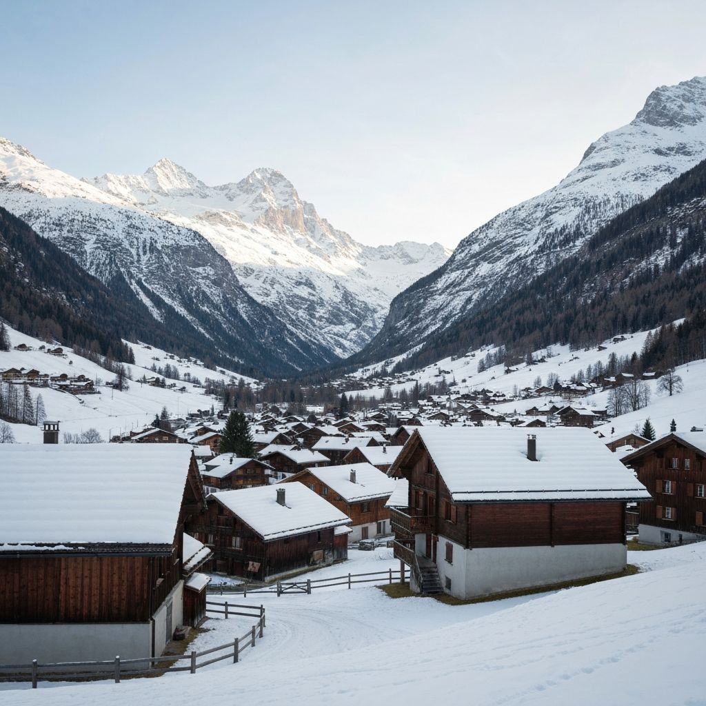 Traditionelle alpine Dörfer und Landschaft
